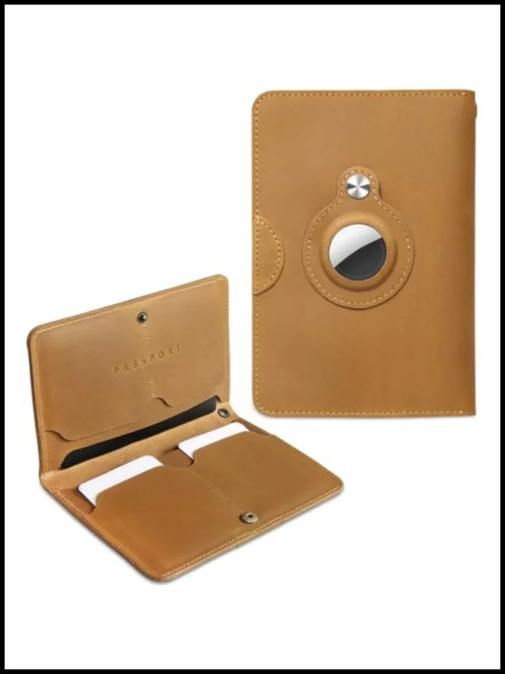 Genuine Leather Passport Holder with AirTag Slot and RFID Blocking for Travel